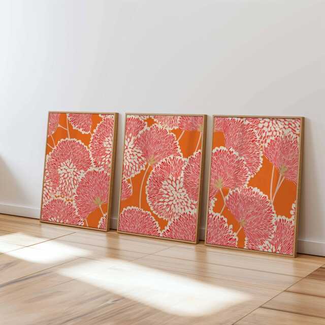 Modern Abstract Floral Wall Art Set Of 3, Bold Red & Yellow Botanical Prints, Contemporary Flower For Home Decor - image 1