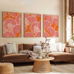 Modern Abstract Floral Wall Art Set Of 3, Bold Red & Yellow Botanical Prints, Contemporary Flower For Home Decor - thumbnail 3