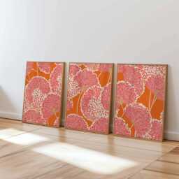 Modern Abstract Floral Wall Art Set Of 3, Bold Red & Yellow Botanical Prints, Contemporary Flower For Home Decor - thumbnail 1