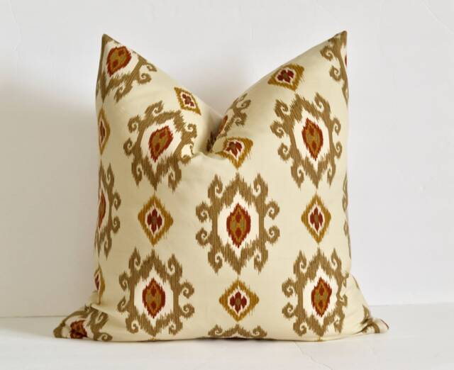 Red Ikat Pillow Cover Maroon & Cream Beige Tapestry Pattern Throw - image 1