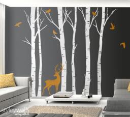 Birch Trees Wall Decal Winter Deer Birds in Nature Tree Decor, Forest Sticker