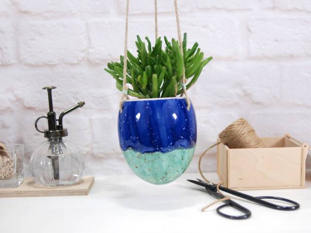 Handmade Speckled Turquoise Ceramic Hanging Planter Modern Plant Pot - image 1