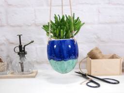 Handmade Speckled Turquoise Ceramic Hanging Planter Modern Plant Pot - thumbnail 1