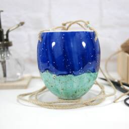 Handmade Speckled Turquoise Ceramic Hanging Planter Modern Plant Pot - thumbnail 2