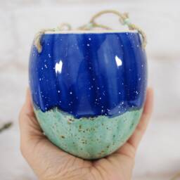 Handmade Speckled Turquoise Ceramic Hanging Planter Modern Plant Pot - thumbnail 3