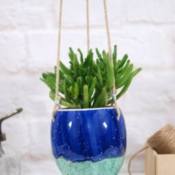 Handmade Speckled Turquoise Ceramic Hanging Planter Modern Plant Pot - thumbnail 4
