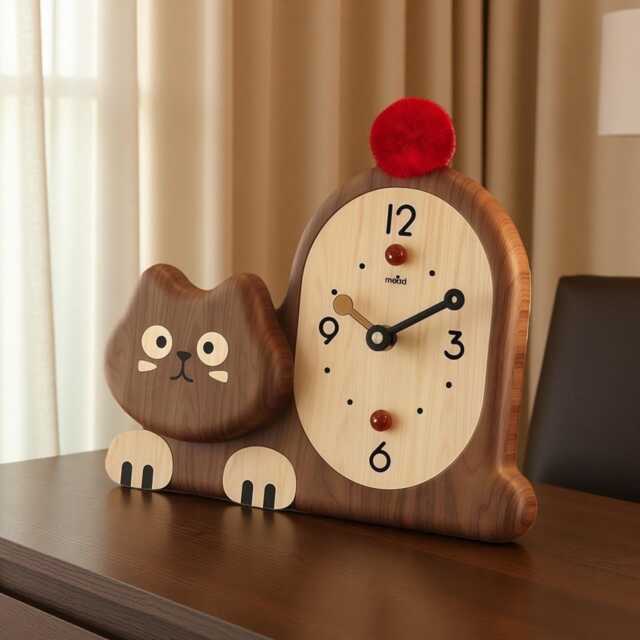 Handmade Wooden Cat Clock - Nordic Desk Decor, Lovers Gift - image 1