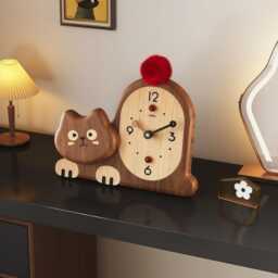Handmade Wooden Cat Clock - Nordic Desk Decor, Lovers Gift - thumbnail 2