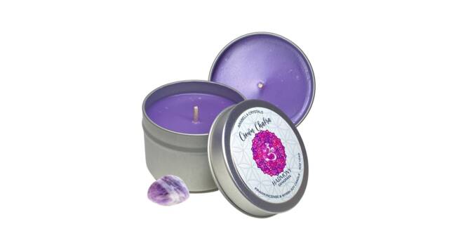 Amethyst Crystal Candle Tin Frankincense & Myrrh, Crown Chakra Healing - image 1