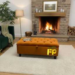 Burnt Orange Velvet Storage Ottoman Buttoned Plush Fabric, 90cm