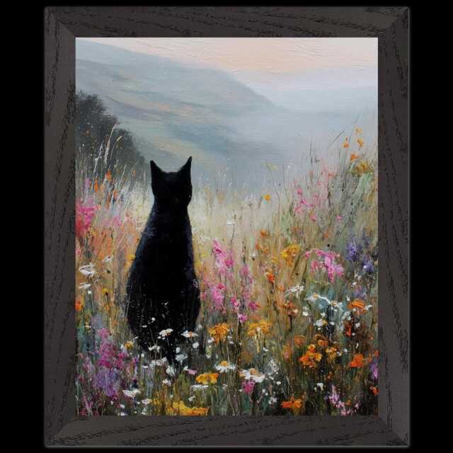 Framed Black Cat Oil Painting Art Print, Rural Painting, Owner Gift - image 1