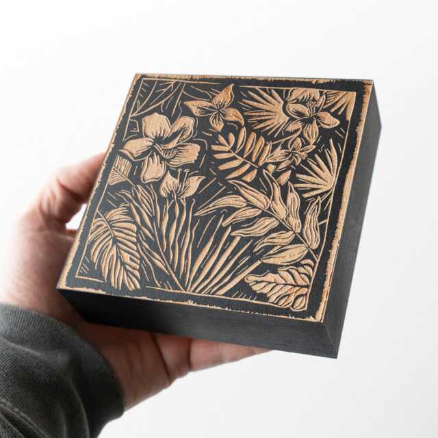 Hibiscus & Leaves Mini Engraved Birch Wood Panel - Block Print Style Tropical Wall Art, Beachy Illustration Print, Coastal Home Decor Gift - image 1