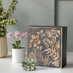 Hibiscus & Leaves Mini Engraved Birch Wood Panel - Block Print Style Tropical Wall Art, Beachy Illustration Print, Coastal Home Decor Gift - thumbnail 2