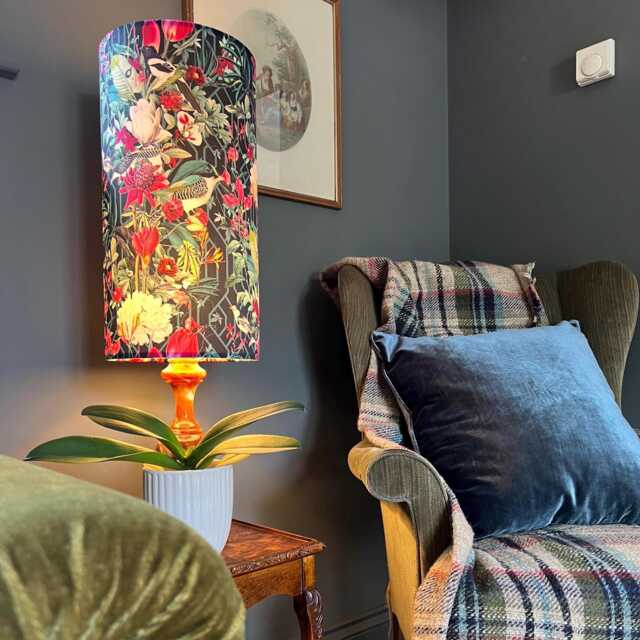Botanical Geometric Velvet Cylinder Lampshade, in Black, Extra Tall Lampshade Birds Velvet - image 1