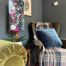 Botanical Geometric Velvet Cylinder Lampshade, in Black, Extra Tall Lampshade Birds Velvet - thumbnail 2