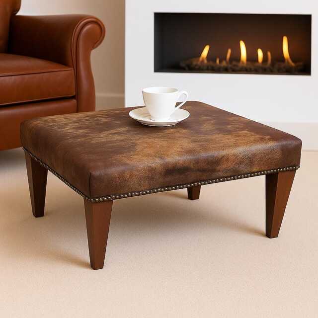 Brown Cowhide Footstool, Square Ottoman With Tapered Legs, 306 - image 1