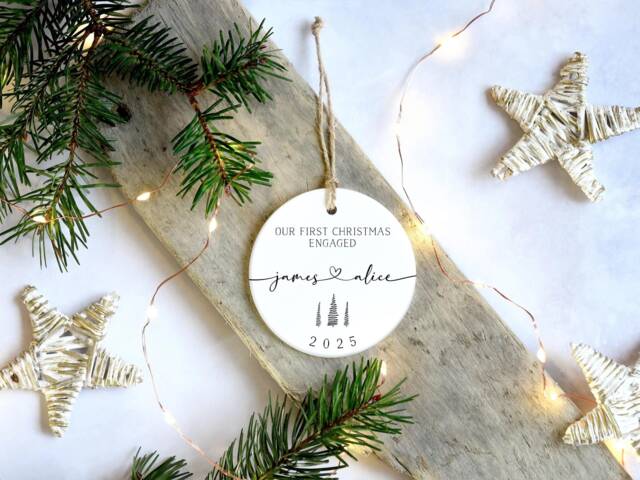Personalised First Christmas Engaged Ornament - Custom Gift For Couple Names Tree Decoration Engagement Keepsake Bauble - image 1