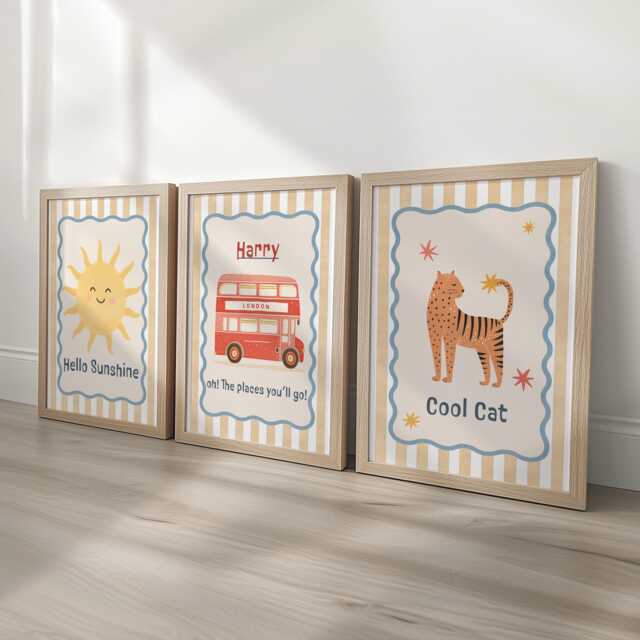Personalised Boys Nursery Print Set - Hello Sunshine, London Bus & Cool Cat Wall Art Playroom Decor With Optional Frames - image 1