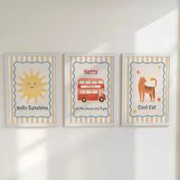 Personalised Boys Nursery Print Set - Hello Sunshine, London Bus & Cool Cat Wall Art Playroom Decor With Optional Frames - thumbnail 2