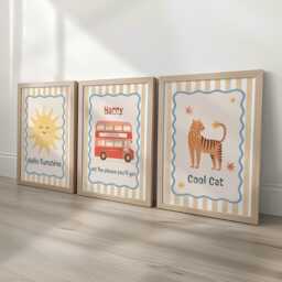 Personalised Boys Nursery Print Set - Hello Sunshine, London Bus & Cool Cat Wall Art Playroom Decor With Optional Frames - thumbnail 1