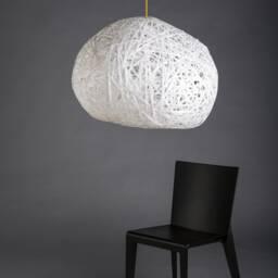 Big Bako' Ceiling Lamp, Handmade White Lampshade Made Of Hand Braided Polypropilene Straps, Recyclable Plastic, Warm Light, Upcycling - thumbnail 2
