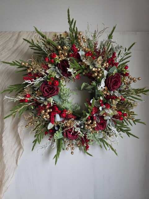 Christmas Red Berry Holiday Wreath For Front Door, Bright With Gold, Large Wreath, Housewarming Gift Porch Decor