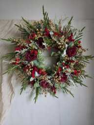 Christmas Red Berry Holiday Wreath For Front Door, Bright With Gold, Large Wreath, Housewarming Gift Porch Decor - thumbnail 1