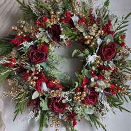 Christmas Red Berry Holiday Wreath For Front Door, Bright With Gold, Large Wreath, Housewarming Gift Porch Decor - thumbnail 2