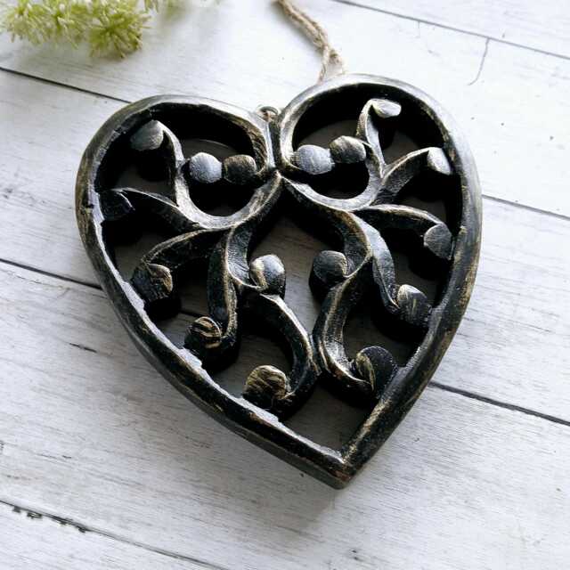 Large Wooden Black & Gold Chunky Carved Filigree Hanging Heart Decoration - The Home & Hearts Shop Wall Decor Rustic Shabby Gift - image 1