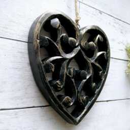Large Wooden Black & Gold Chunky Carved Filigree Hanging Heart Decoration - The Home & Hearts Shop Wall Decor Rustic Shabby Gift - thumbnail 2