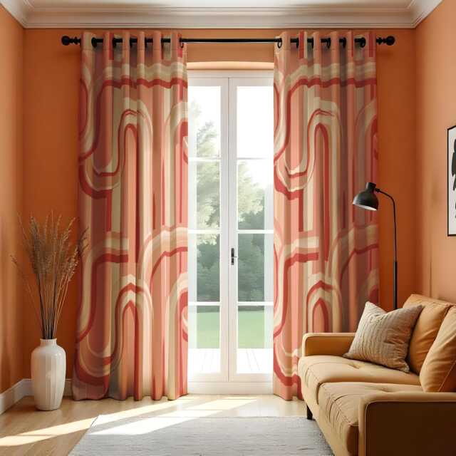 Retro Wave Curtains, Terracotta Red Beige Mid Century Drapes, Groovy Pattern Made To Measure Window Panels For Living Room - image 1