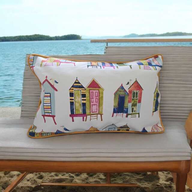 Beach Hut Design Fabric, Hand Made Zipped Cushion, Teal/Mustard Piping, 40 X 50 cms Home Decor, Nautical, Holiday Home, Cotton - image 1