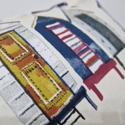 Beach Hut Design Fabric, Hand Made Zipped Cushion, Teal/Mustard Piping, 40 X 50 cms Home Decor, Nautical, Holiday Home, Cotton - thumbnail 3