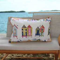 Beach Hut Design Fabric, Hand Made Zipped Cushion, Teal/Mustard Piping, 40 X 50 cms Home Decor, Nautical, Holiday Home, Cotton - thumbnail 1