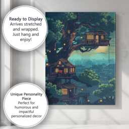Enchanted Treehouse Village Fantasy Night Landscape Canvas Wall Art Print Decor Picture Ready To Hang - thumbnail 3