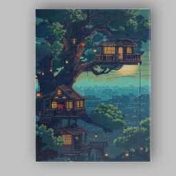 Enchanted Treehouse Village Fantasy Night Landscape Canvas Wall Art Print Decor Picture Ready To Hang - thumbnail 1