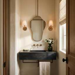 Curved Edge Hanging Mirror - Modern Gold Bathroom - thumbnail 2