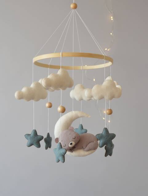 Sleeping Bear Baby Mobile Moon & Stars Nursery Decor - image 1