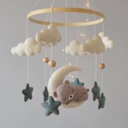 Sleeping Bear Baby Mobile Moon & Stars Nursery Decor - thumbnail 2