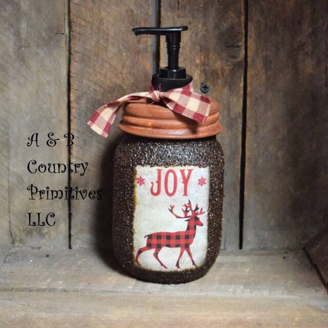Buffalo Plaid Reindeer Themed Hand Soap Dispenser, Grubby Mason Jar With Pump, Rustic Cabin Christmas Decor, Country Christmas, Lodge - image 1