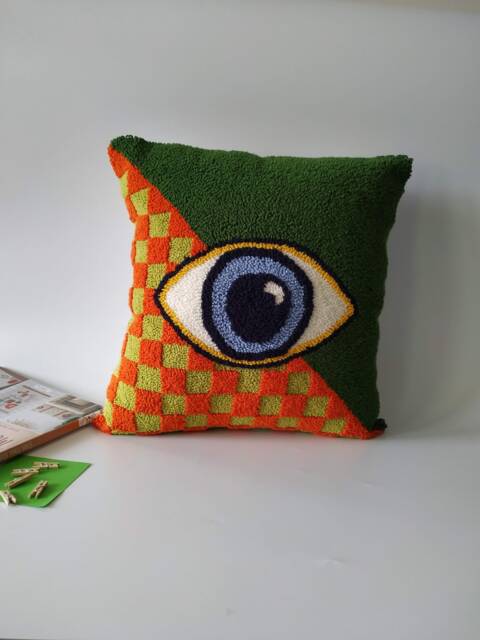 Hand Tufted Checkered Cushion, Evil Eye Green Punch Needle, Pillow Decor - image 1