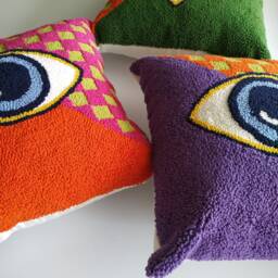 Hand Tufted Checkered Cushion, Evil Eye Green Punch Needle, Pillow Decor - thumbnail 4