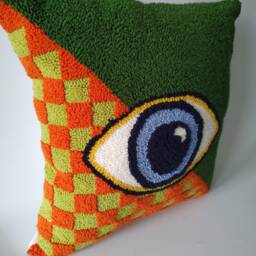Hand Tufted Checkered Cushion, Evil Eye Green Punch Needle, Pillow Decor - thumbnail 2