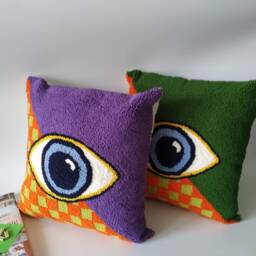 Hand Tufted Checkered Cushion, Evil Eye Green Punch Needle, Pillow Decor - thumbnail 3