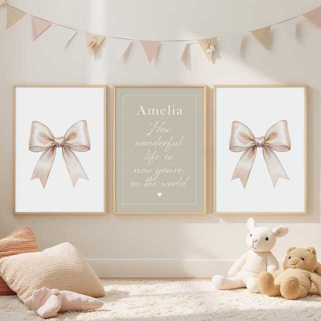 Beige Bow Nursery Prints How Wonderful Life Is Now You're in The World Set - image 1