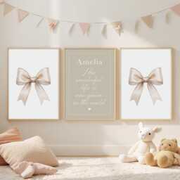Beige Bow Nursery Prints How Wonderful Life Is Now You're in The World Set - thumbnail 1
