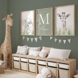 Safari Animal Nursery Prints Sage Green Kids Bedroom Wall Art, Set Of 3 - thumbnail 3