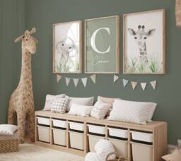Safari Animal Nursery Prints Sage Green Kids Bedroom Wall Art, Set Of 3 - thumbnail 1