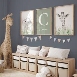 Safari Animal Nursery Prints Sage Green Kids Bedroom Wall Art, Set Of 3 - thumbnail 2