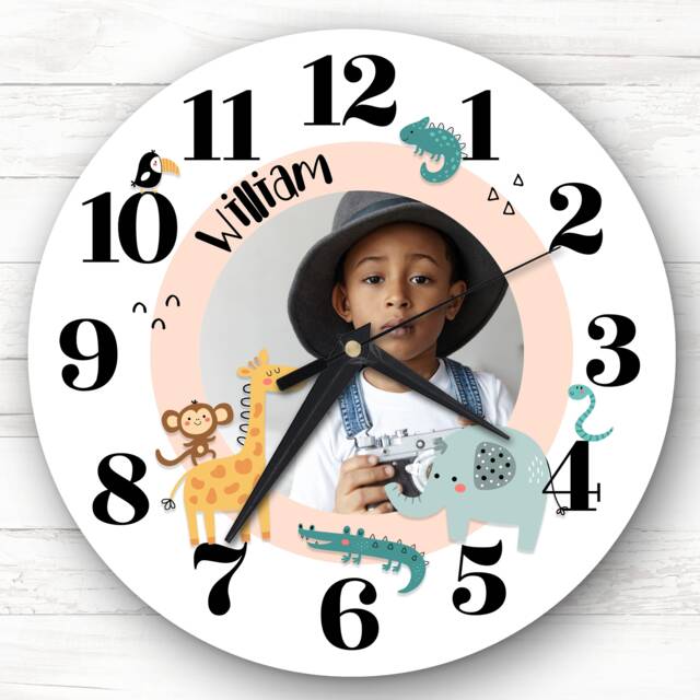 Safari Jungle Animals Photo Frame Personalised Gift Clock - image 1